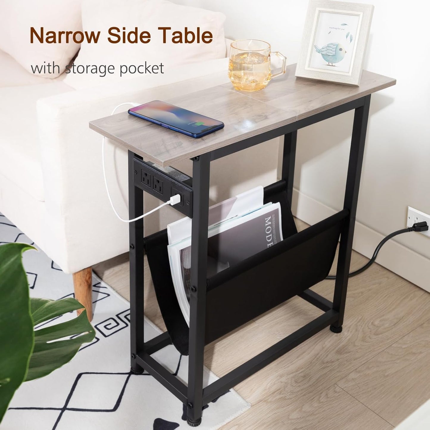(New Open Box) Narrow Side Table Set of 2, Slim End Table with Charging Station with Magazine Holder HETN02PGY