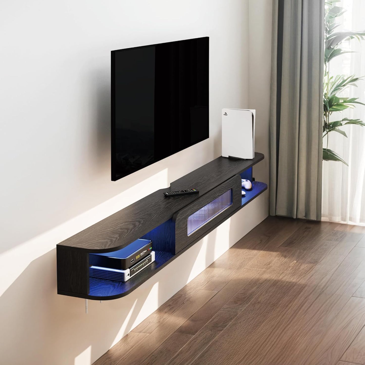 (New Open Box) Bixiaomei Floating TV Stand with LED Lights, 47'' Solid Wood Wall Mounted TV Cabinet with Glass Door, Mid-Century Entertainment Media Console Center Large Storage Shelf Under TV (47.24IN, Black)