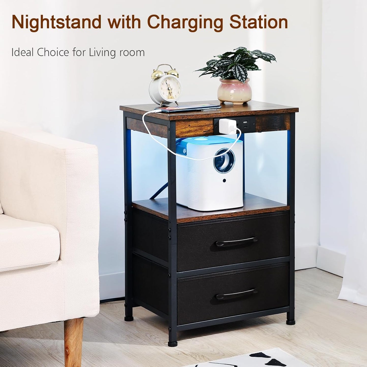 (New Open Box) LOAKEKEL End Table with 2 Drawers, Side Table with Storage Shelf, Nightstand with USB Ports and Outlets, Metal Frame, for Bedroom, Living Room,Rustic Brown HNS122BR-1