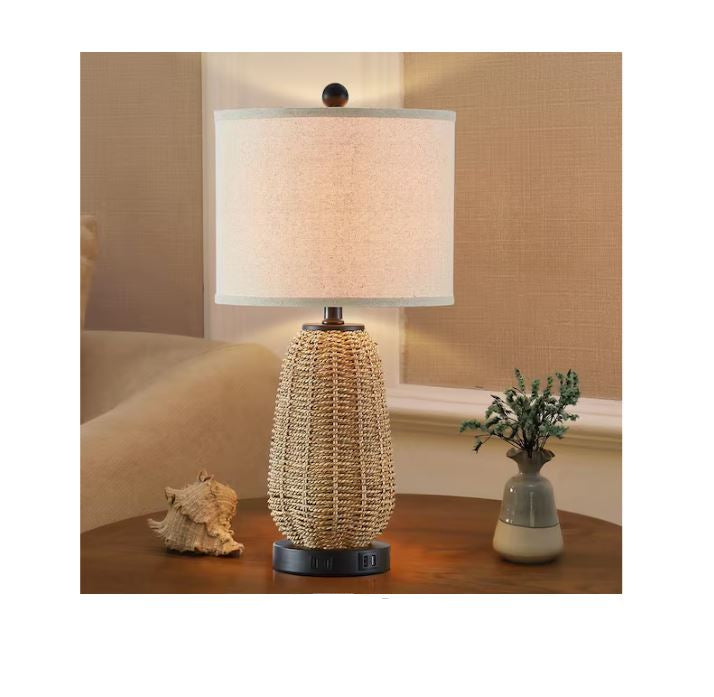 (New Open Box) 22.8-in Rattan Table Lamp Set of 2 | Wood Color • USB Ports • AC Outlet | TD-131