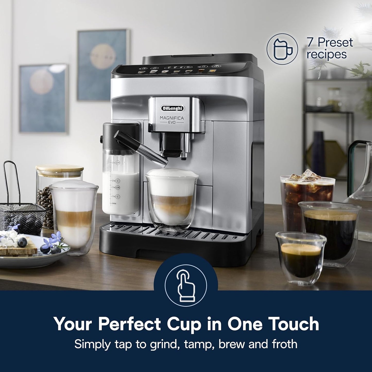 De'Longhi Magnifica Evo Automatic Espresso & Coffee Machine with Auto Milk Frother, Built-in Grinder & Auto-Clean Function - For Latte, Cappuccino, Americano, Iced Coffee, ECAM29084SB