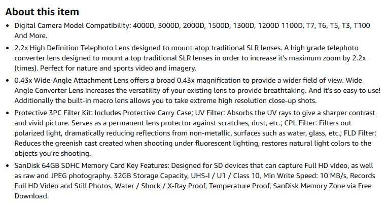 A-Cell 58MM Accessory Bundle for Canon EOS Rebel T7, T6, T5, T3, T100, 4000D, 3000D,