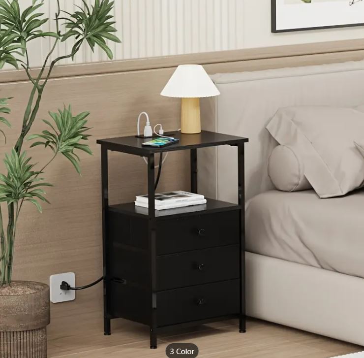 (New Open Box) TZWAKED End Table with Charging Station, 3-Drawer Bedside Table with (TNS013-1BK)