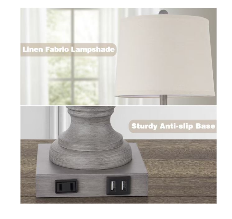 (Brand New) 25-in Grey LED Touch Table Lamp Set of 2 | Linen Shade | TD-201
