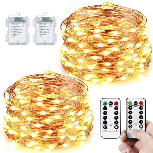 (2 Pcs) Fairy Lights, 43ft 100LED Battery Powered String Lights w/ 8 Modes, Copper Wire, for Decor