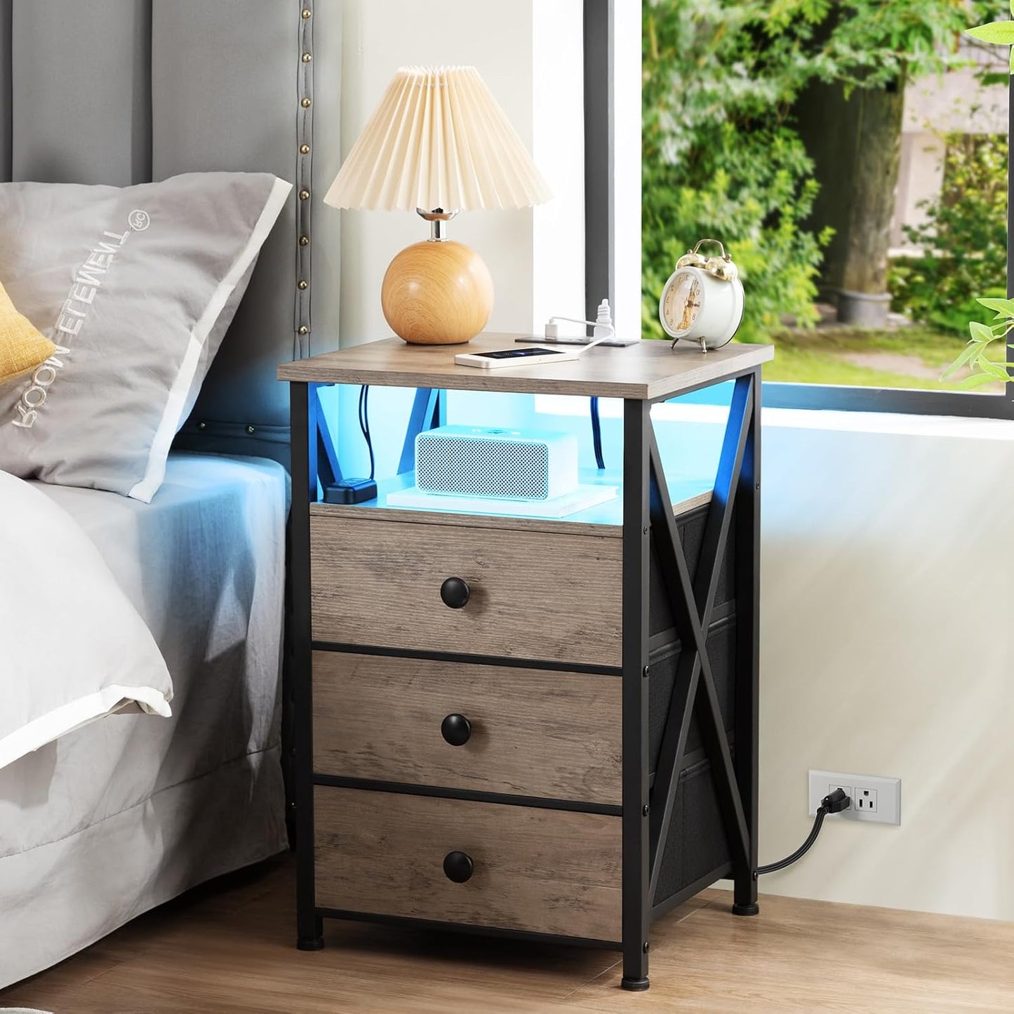 (New Open Box) AMHANCIBLE LED Nightstand, End Side Table with Charging Station, Bedside Table, HET053LGY-1