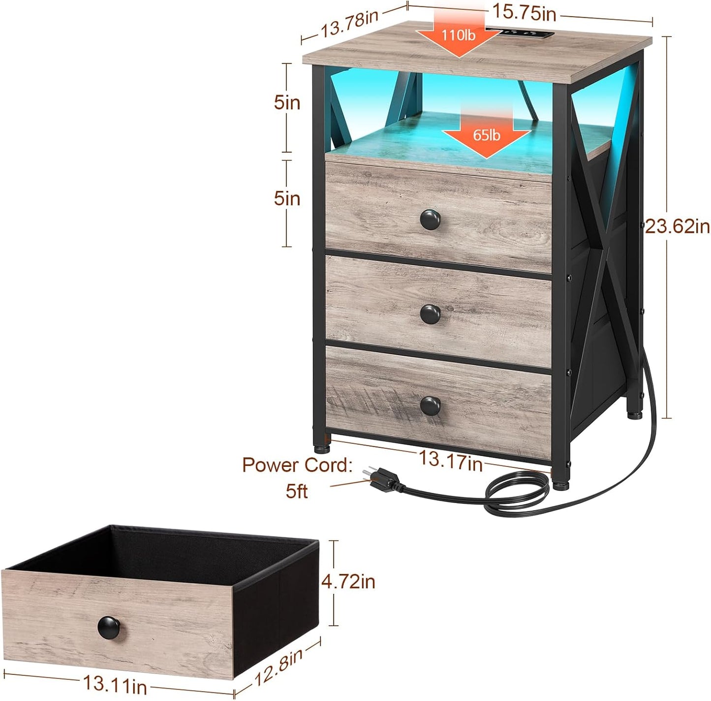 (New Open Box) AMHANCIBLE LED Nightstand, End Side Table with Charging Station, Bedside Table, HET053LGY-1