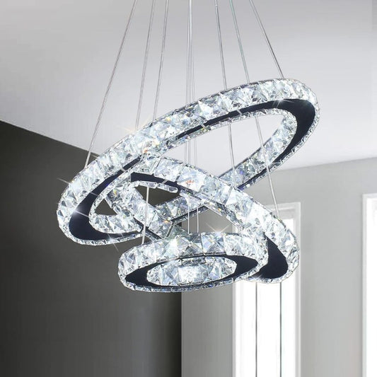 Modern LED Crystal Chandelier Light Fixtures 3 Ring Round Pendant Lighting Stainless Steel Chrome
