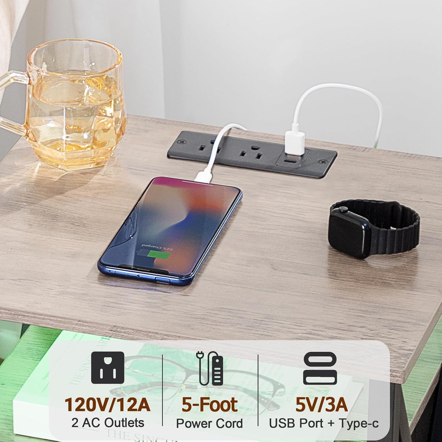 (New Open Box) AMHANCIBLE LED Nightstand, End Side Table with Charging Station, Bedside Table, HET053LGY-1