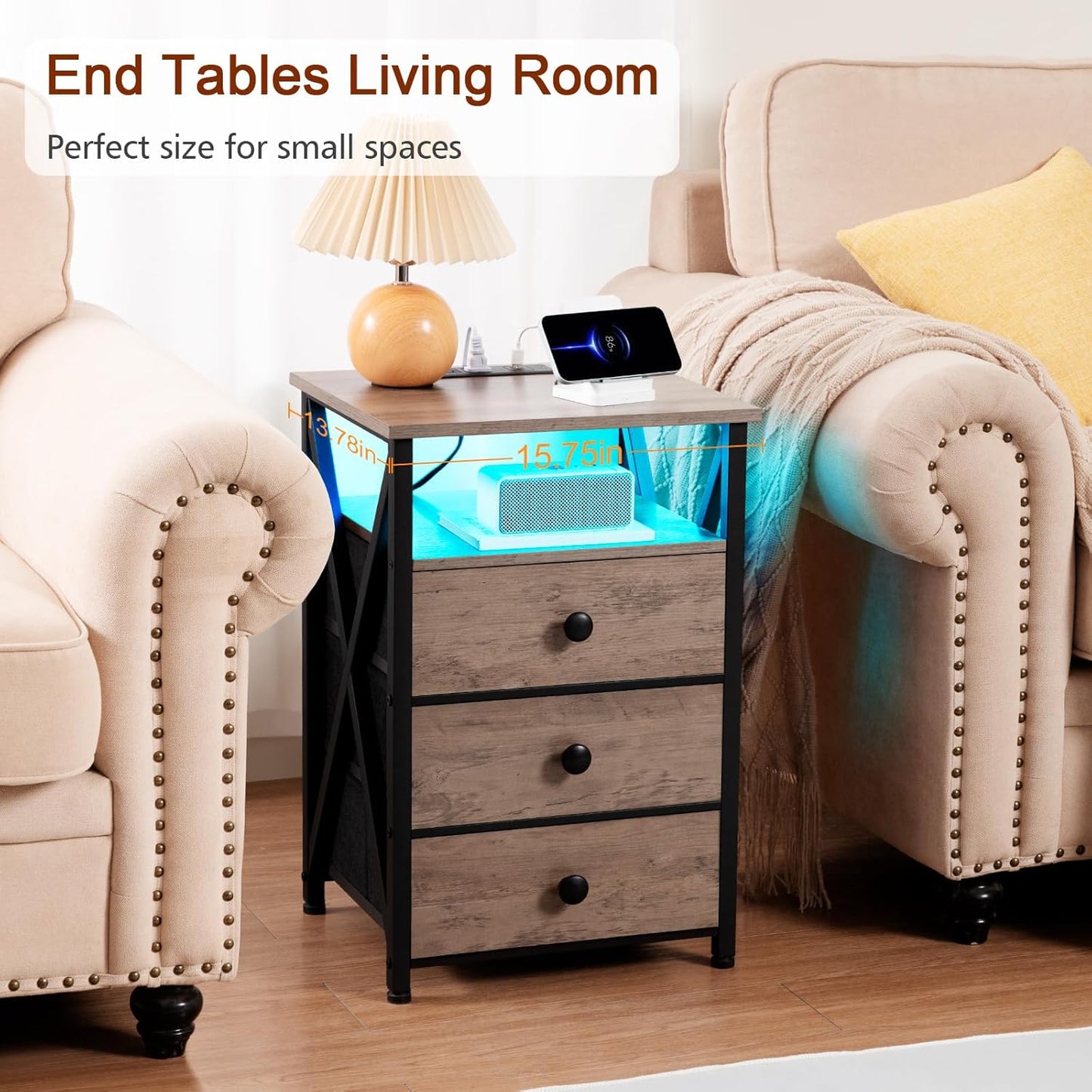 (New Open Box) AMHANCIBLE LED Nightstand, End Side Table with Charging Station, Bedside Table, HET053LGY-1