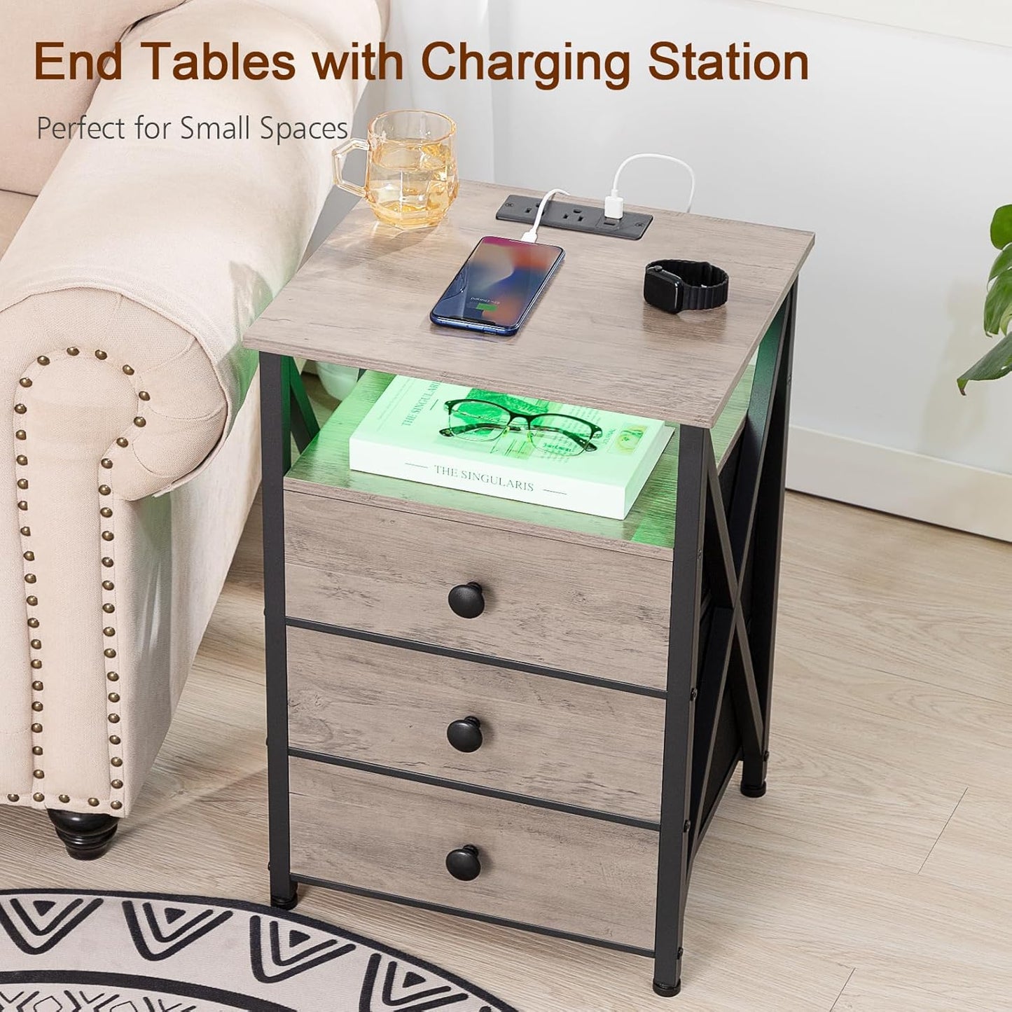 (New Open Box) AMHANCIBLE LED Nightstand, End Side Table with Charging Station, Bedside Table, HET053LGY-1
