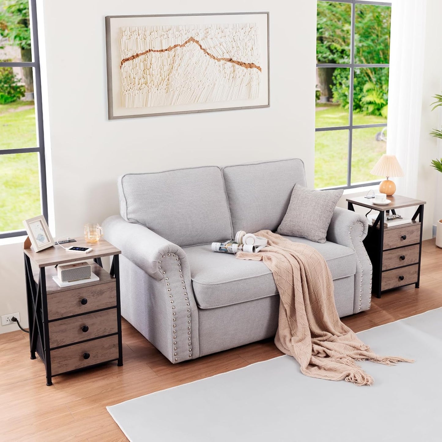 (New Open Box) AMHANCIBLE LED Nightstand, End Side Table with Charging Station, Bedside Table, HET053LGY-1