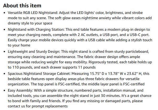 (New Open Box) AMHANCIBLE LED Nightstand, End Side Table with Charging Station, Bedside Table, HET053LGY-1