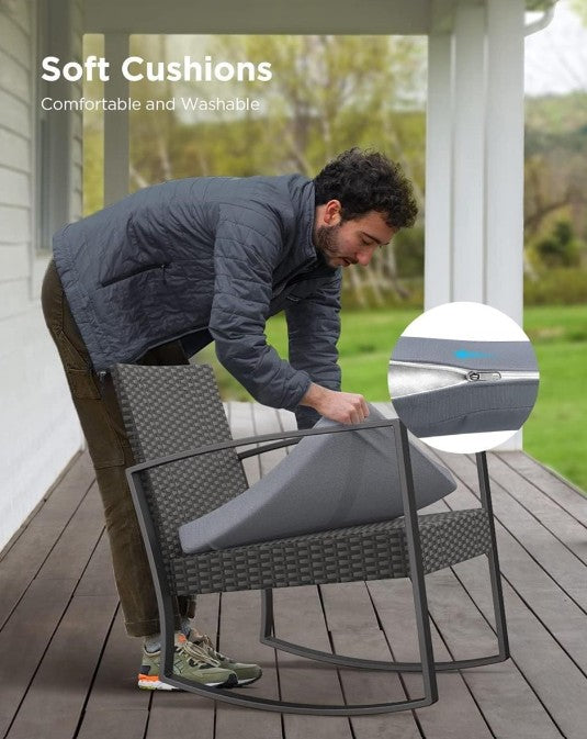 (New Open Box) 3-Piece Patio Rocking Chair Set | Rattan Conversation Set • Gray Cushions • Glass Table