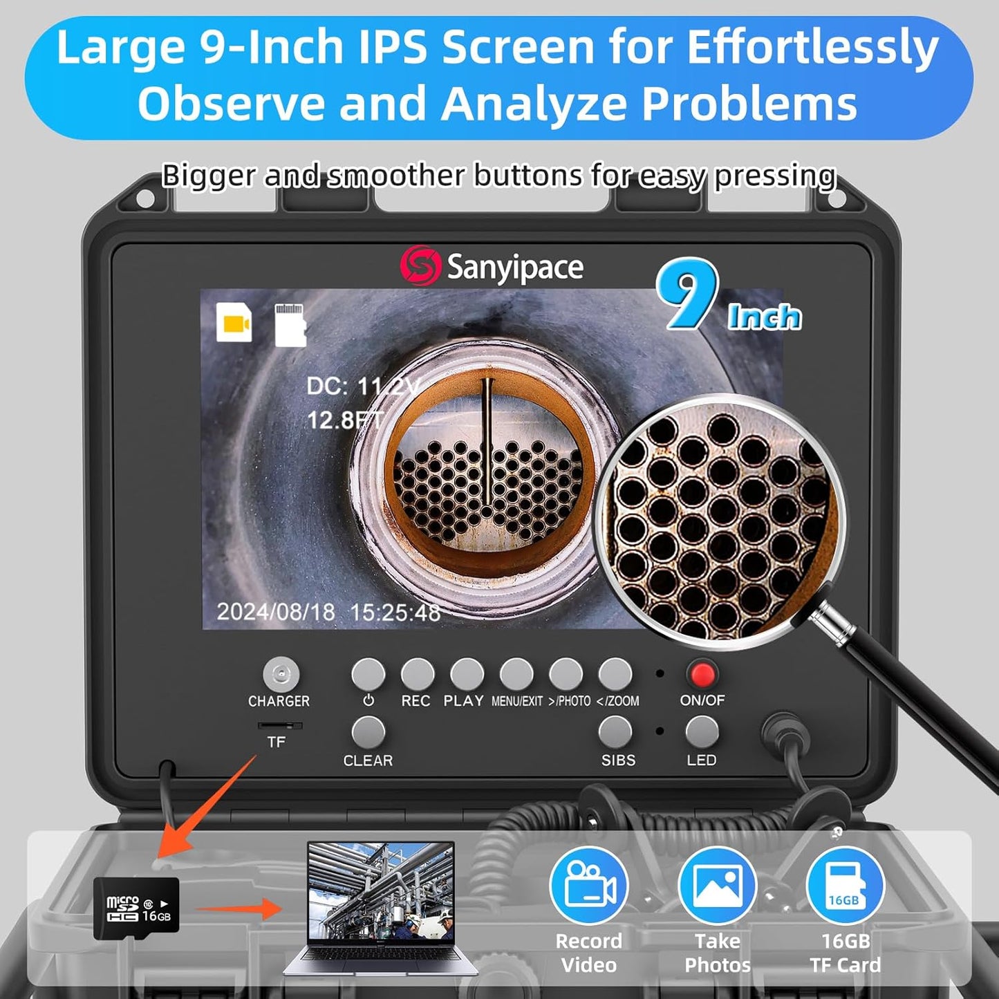 (New Open Box) Sanyipace Drain Camera 100FT/30M, 23mm/0.9in FHD Sewer Inspection Camera, 5X Zoom, Distance Counter, 9" IPS Screen, DVR & Voice Recorder, 16GB Card, for Sewer Line, Pipe, Duct, Plumbing, Plumber, Home