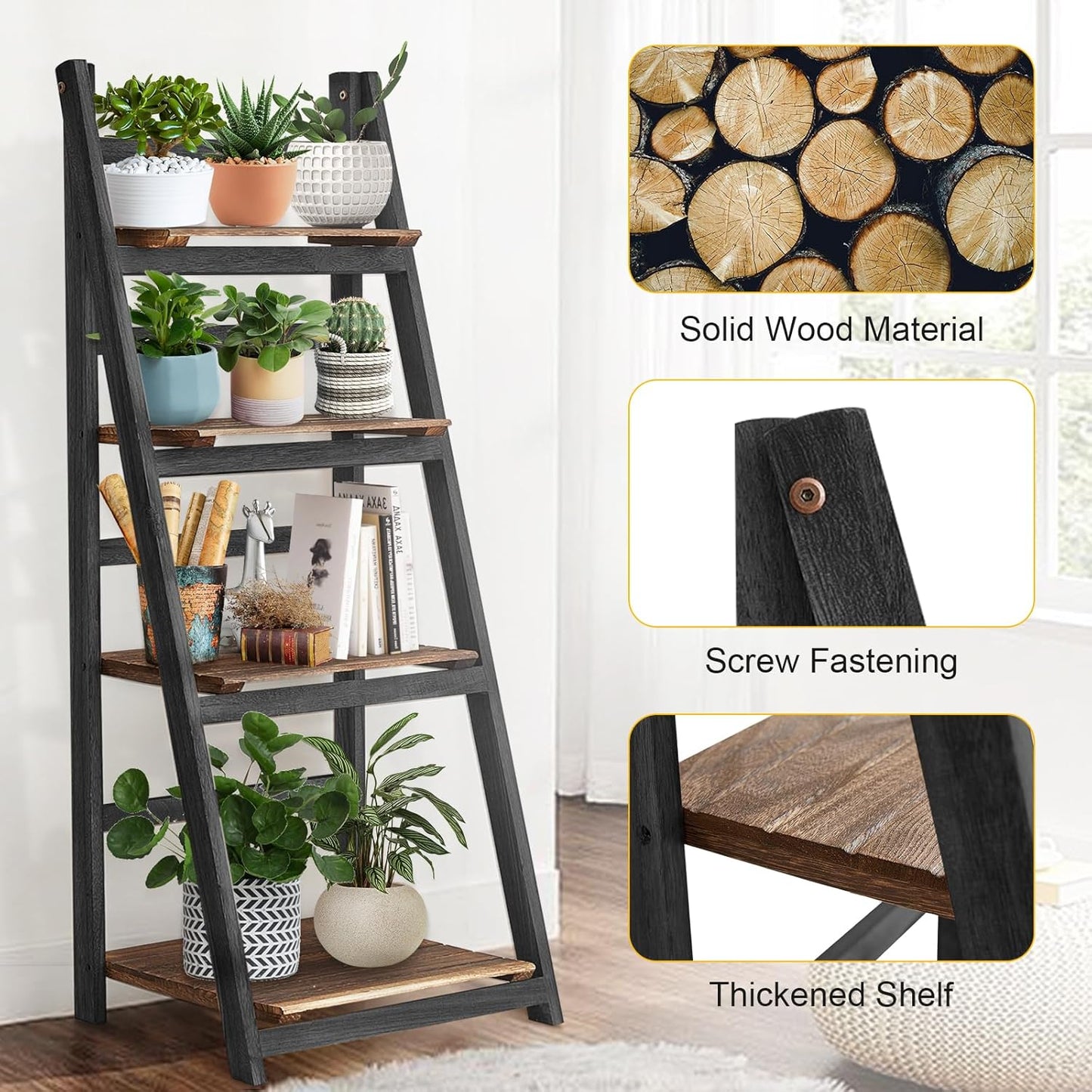 (New Open Box) Ladder Shelf, 4 Tier Ladder Shelves Rustic Solid Wood Ladder Shelf