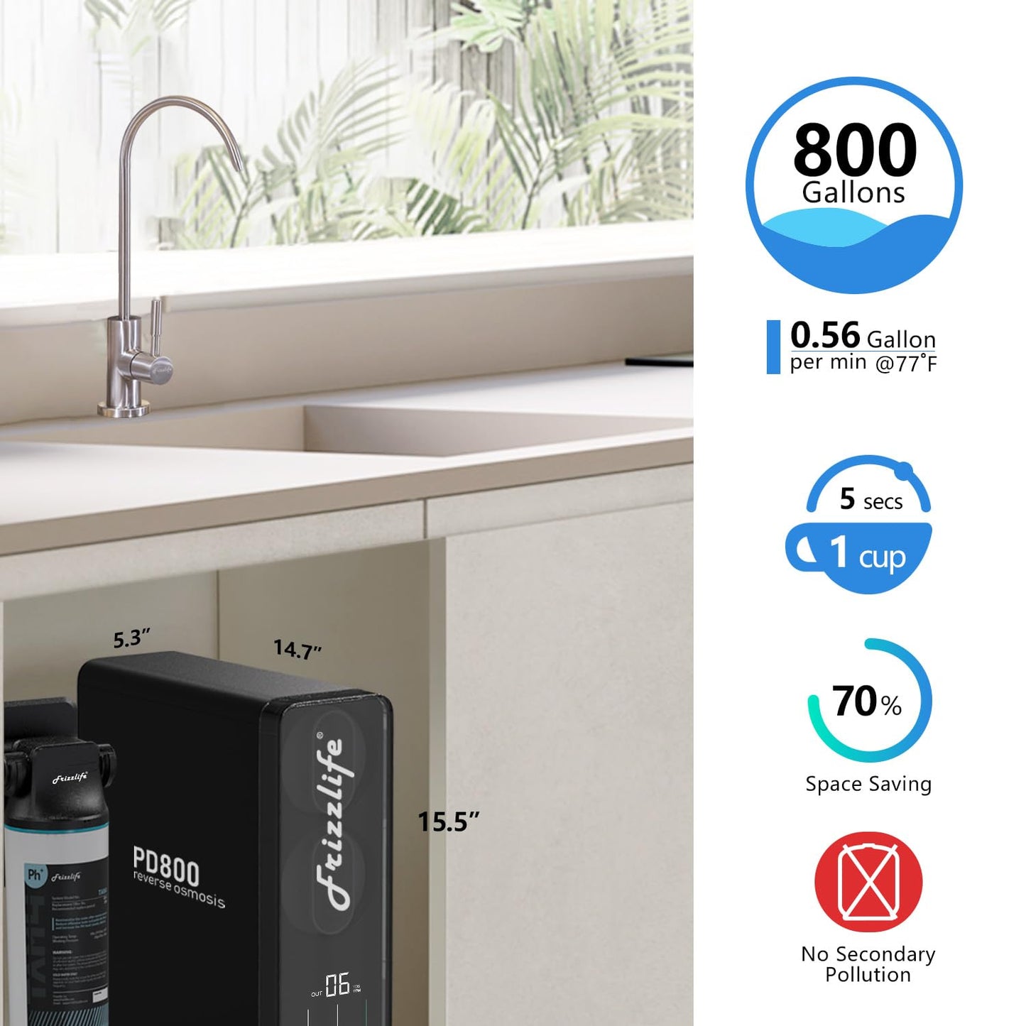 (New Open Box) Frizzlife 800GPD Reverse Osmosis Water Filter, NSF/ASNI 58&53&42&372 Standard, Alkaline Mineral pH+ Tankless Reverse Osmosis System, 9-Stage Under Sink Filtration RO, 2:1 Pure to Drain, PD800-TAM4