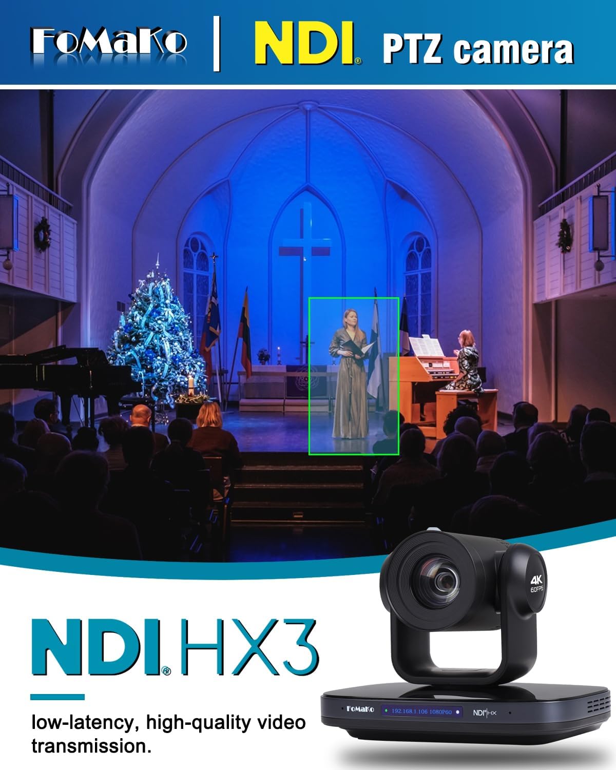 (New Open Box) FoMaKo 60FPS 4K NDI PTZ Camera, 20X Optical Zoom, 4KP60 AI Auto-Tracking, 1/1.8 UHD CMOS 8.42MP USB3.0 3G-SDI HDMI, for Church Worship Education Conference Events (K820N)