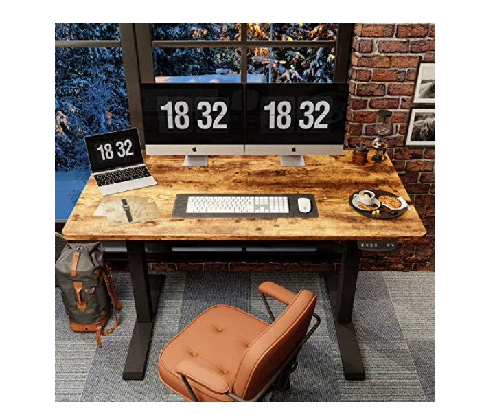 (New Open Box) FEZIBO Height Adjustable Electric Standing Desk, 55 x 24 Inches Stand up Table, Sit Stand Home Office Desk with Splice Board, Black Frame/Rustic Brown Top