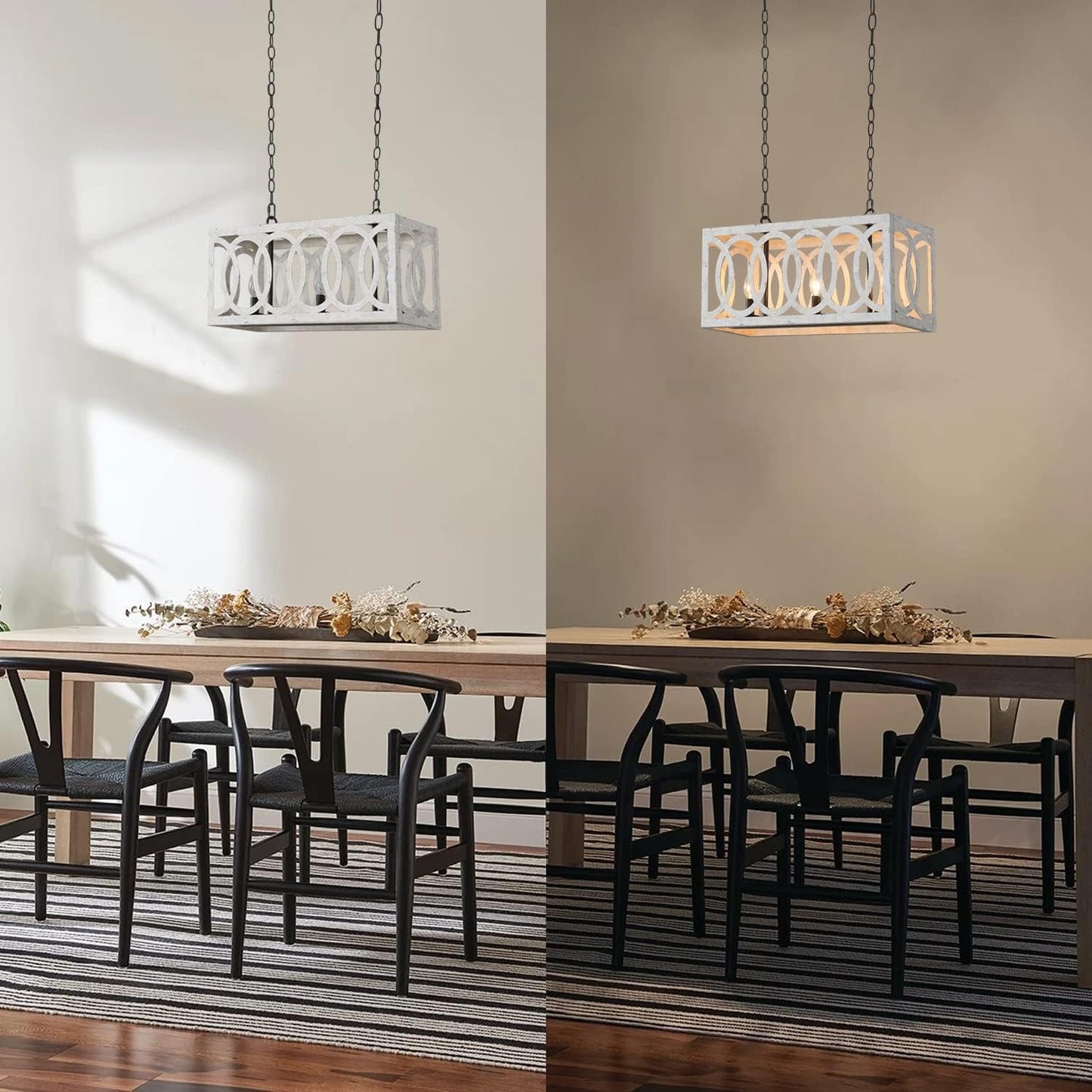 (New Open Box) PHILOMENA Kitchen Island Light Fixtures Dining Room Distressed White Rectangular Modern Farmhouse Chandelier, 3-Light Metal Rustic French Country Pendant Lighting Ceiling Light Hanging Lamp, No Wood