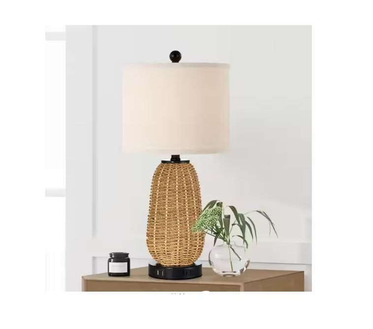 (New Open Box) 22.8-in Rattan Table Lamp Set of 2 | Wood Color • USB Ports • AC Outlet | TD-131