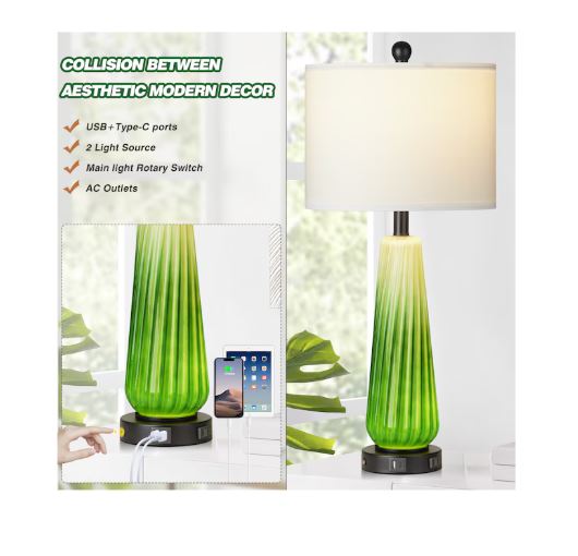 (Brand New) 27.5-in Green LED Table Lamp Set of 2 | Rotary Socket • Linen Shade | TD-257