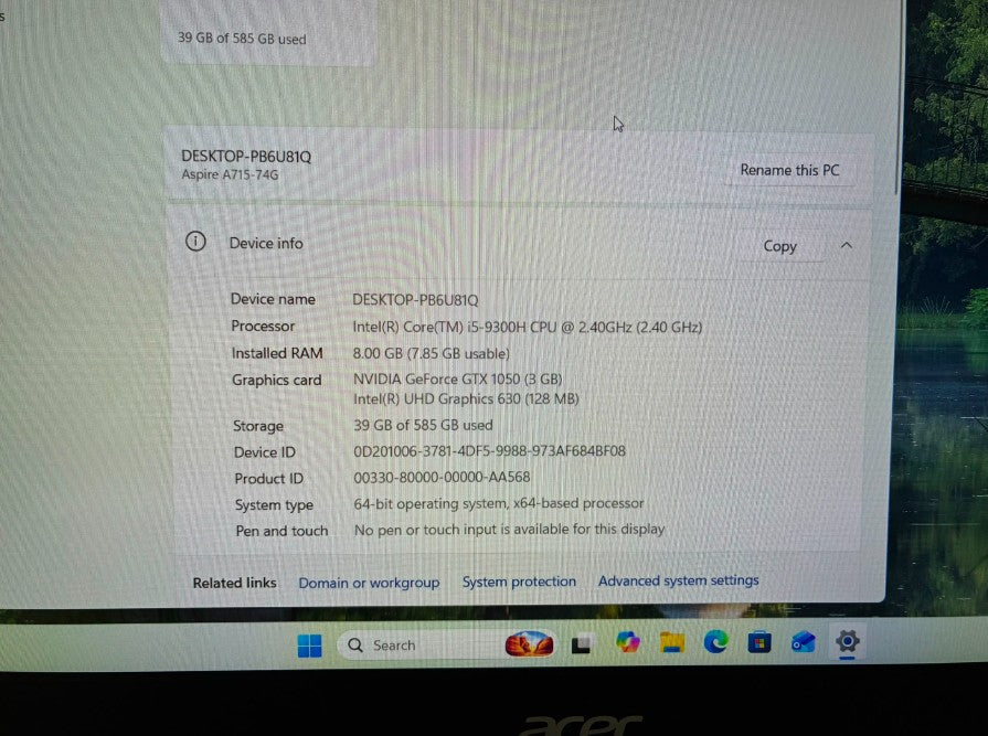 (Excellent)  Acer Aspire A715-74Gseries  | Intel Core i5-9300H • GTX 1050 3GB • 8GB RAM • 512GB SSD