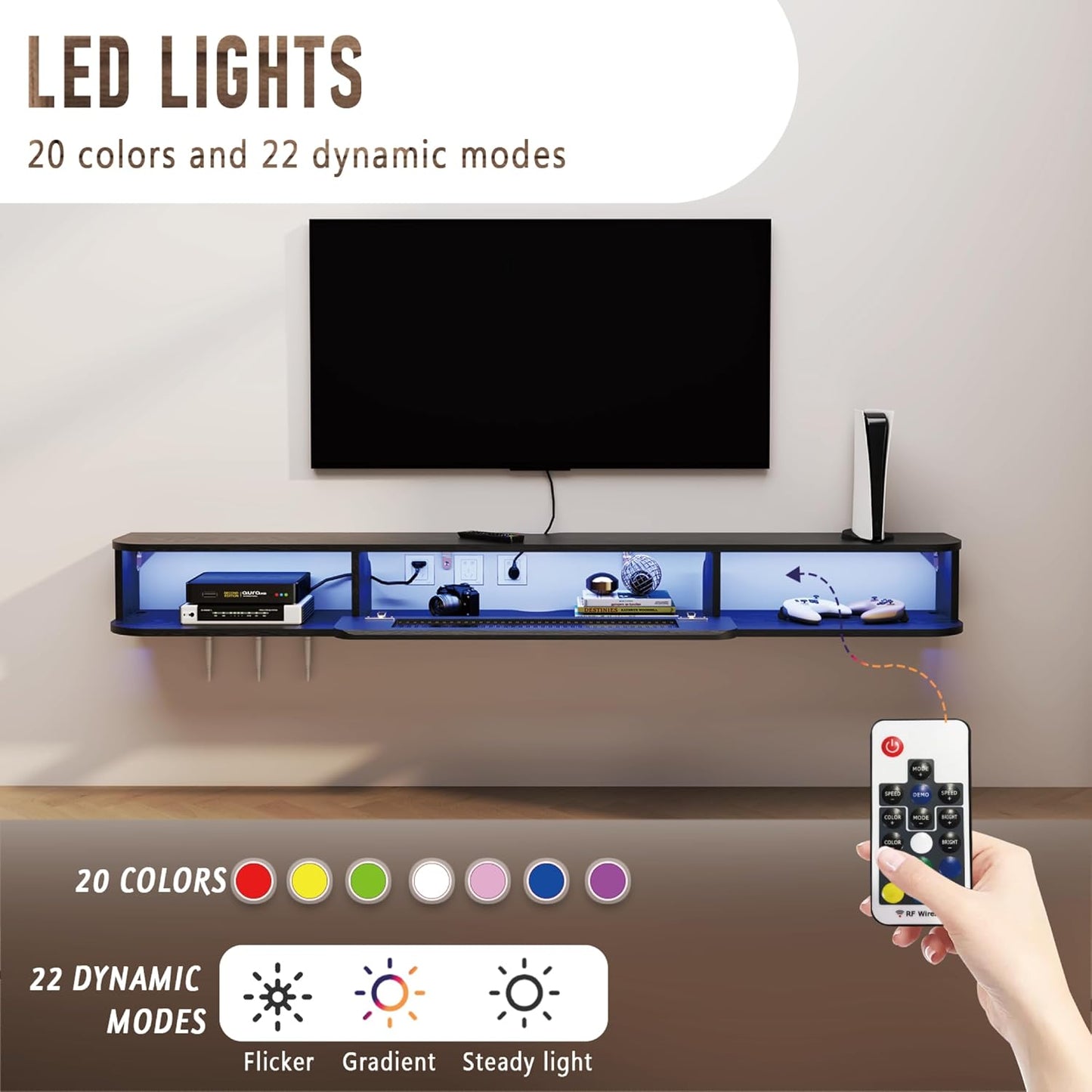 (New Open Box) Bixiaomei Floating TV Stand with LED Lights, 47'' Solid Wood Wall Mounted TV Cabinet with Glass Door, Mid-Century Entertainment Media Console Center Large Storage Shelf Under TV (47.24IN, Black)