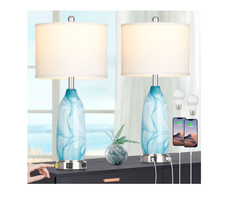 (Brand New) 26-in Ocean Blue LED Rotary Socket Table Lamp Set of 2 | Linen Shade | TD-336
