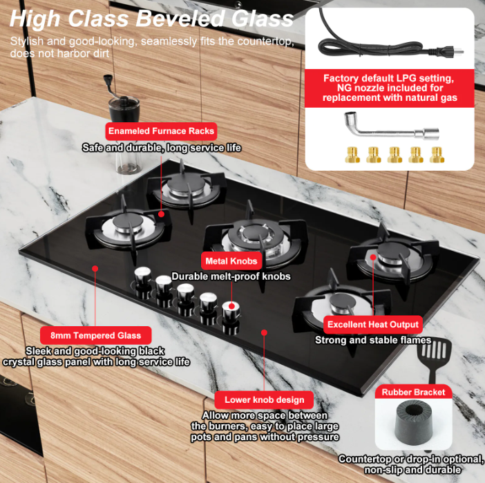 (New Open Box) Graceall 30" Portable 5-Burner LPG/NG Stove – Glass Top