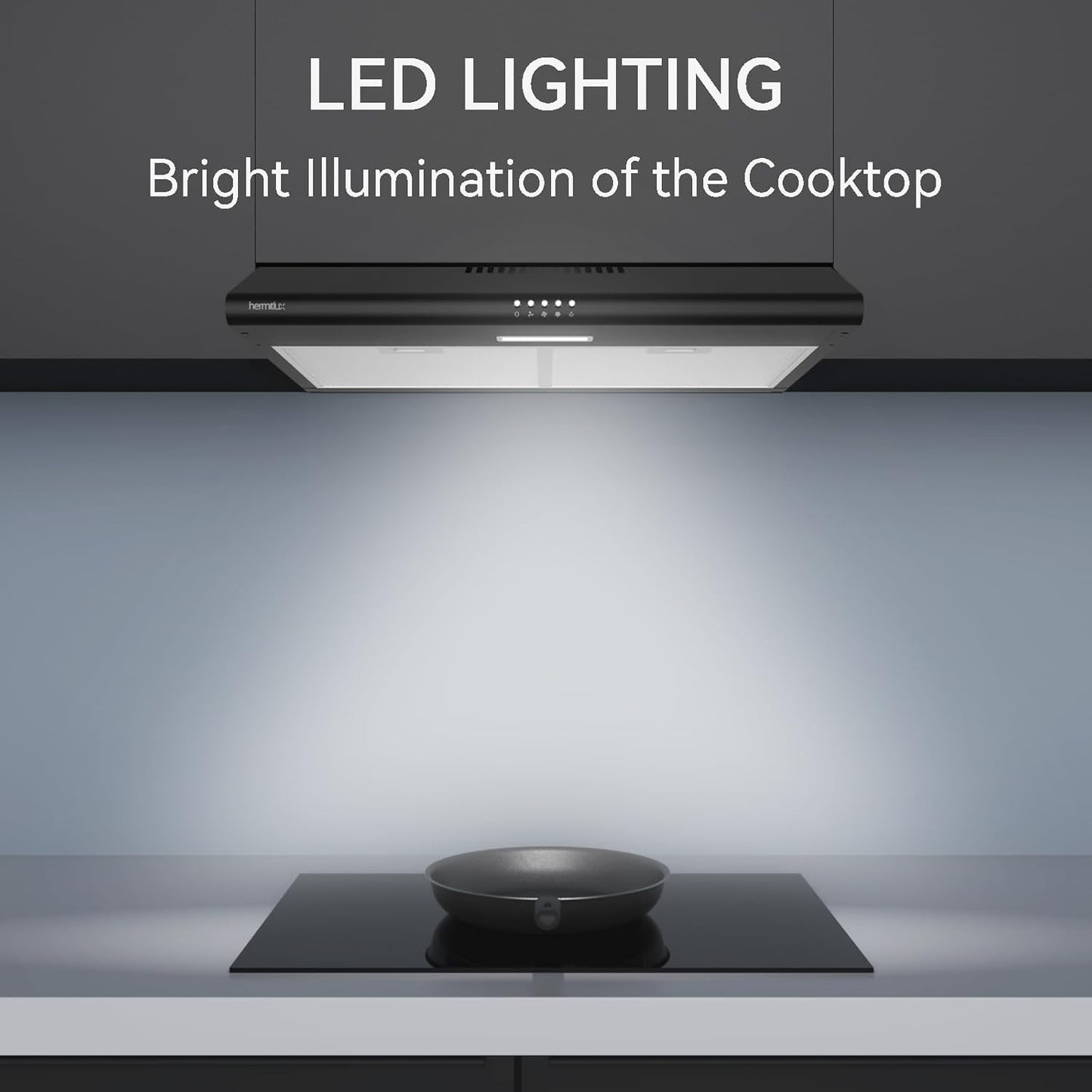 (New Open Box) Hermitlux Under Cabinet Range Hood, 30 inch Black Vent Hood With 3 Speed Exhaust Fan, Ducted And Ductless Convertible, LED Bright Light Bulbs and Charcoal Filter