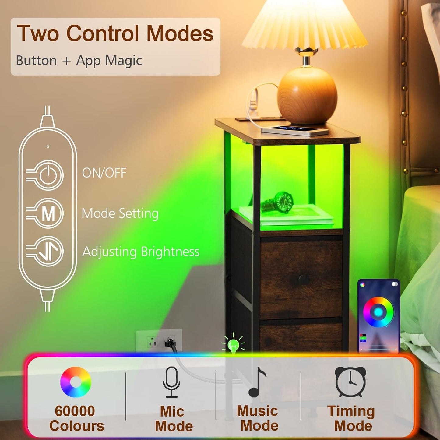 (New Open Box) LOAKEKEL Narrow Side Table with Charging Station, LED Light, Skinny Nightstand with Fabric Drawer, Slim Sofa Table for Bedroom, Small Spaces, Couch, Brown, TETNDP02LBR-1