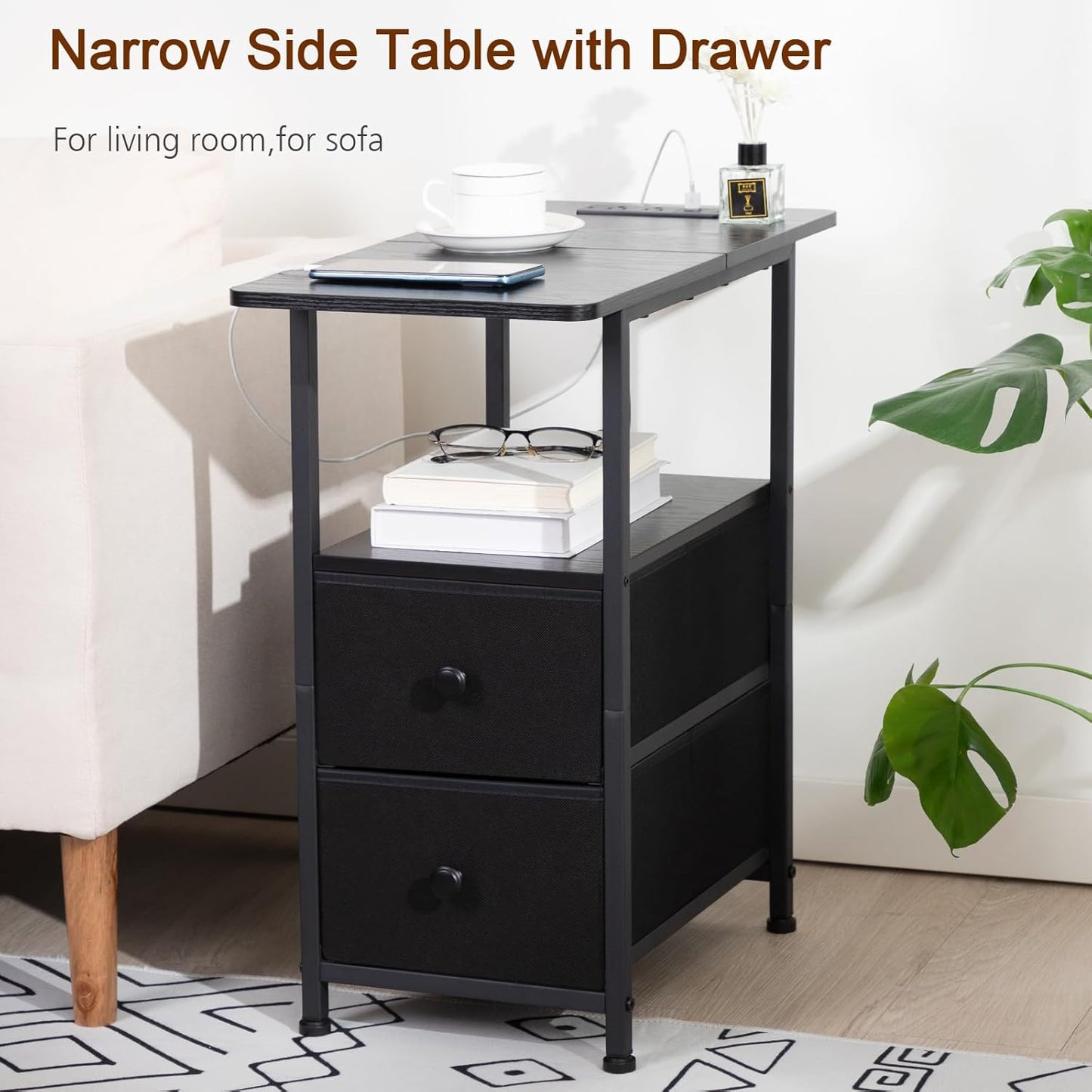 (New Open Box) AMHANCIBLE Narrow Nightstand with Charging Station, Slim End Side Table with USB Ports, HETN012BK-1