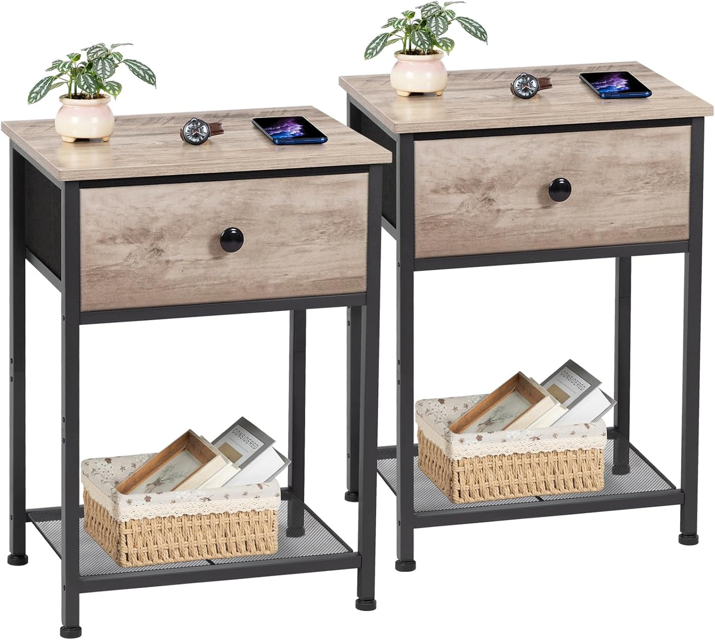 (New Open Box) AMHANCIBLE Night Stand Set 2, Bedside Table with Fabric Drawer, HET03SDP (DS0053)
