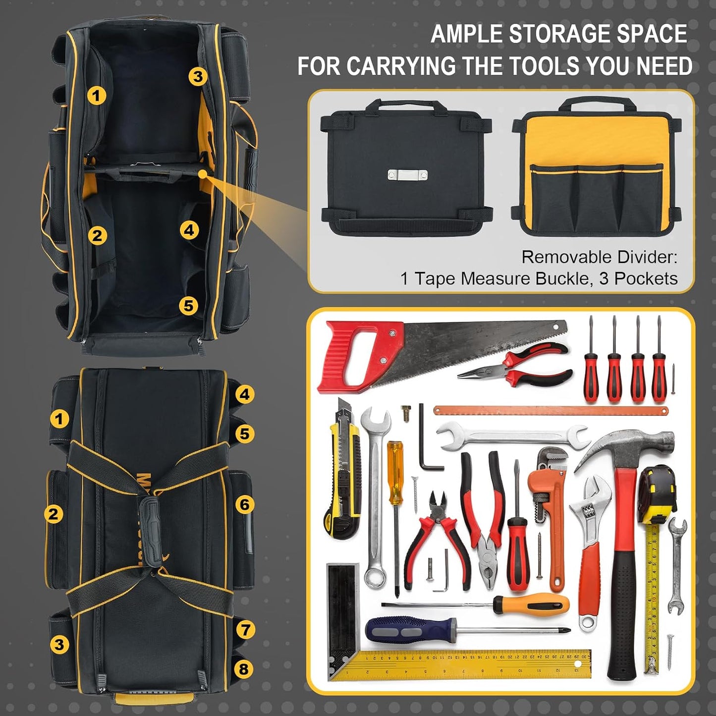 (New Open Box) MELOTOUGH Rolling Tool Bag with Wheels,Large Capacity Tool Bag Organizer with Concealed Telescoping Handle for Electrician,Construction,HVAC,Technician (Yellow/Black)