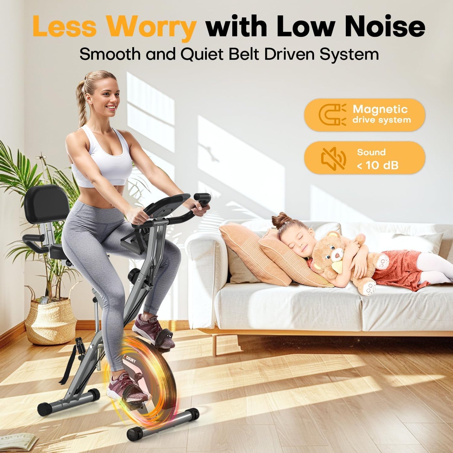 (New Open Box) MOSUNY 5-in-1 Folding Exercise Bike | 350 LBS • 16-Level Magnetic Resistance • Super-Silent