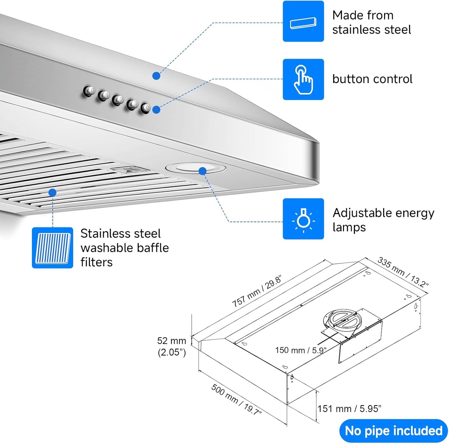 (New Open Box) AMZCHEF Under Cabinet Range Hood 30 Inch, 750CFM Stainless Steel Kitchen Stove Vent Hood 3 Speed Exhaust Fan Button Control LED lights Dishwasher-Safe Baffle Filters Three Outlet Design