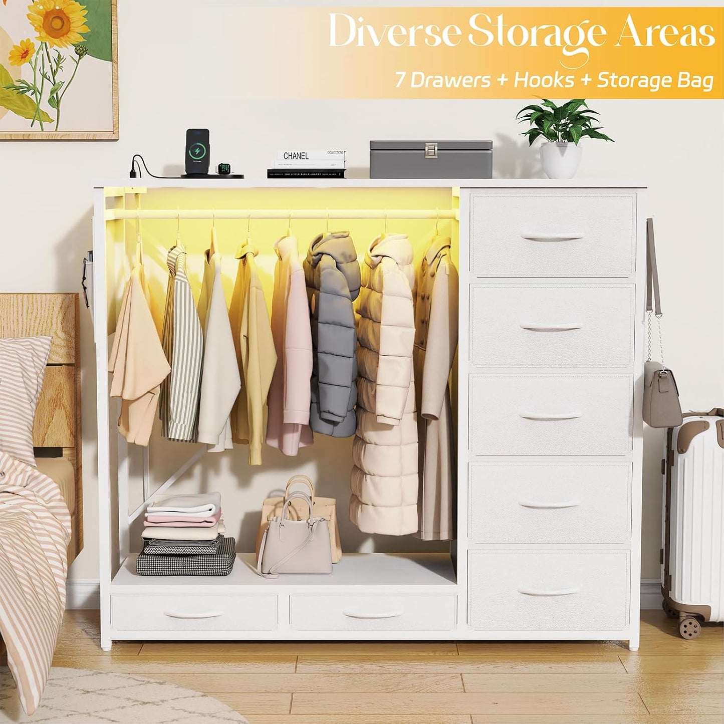 (New Open Box) SZLHANJZ Dresser for Bedroom with Hanging Rack, 7 Drawer Clothes Storage Chest with Lights and Charging Station, Wardrobe Dresser with Hooks and Pocket, Wood Top, Nursery White