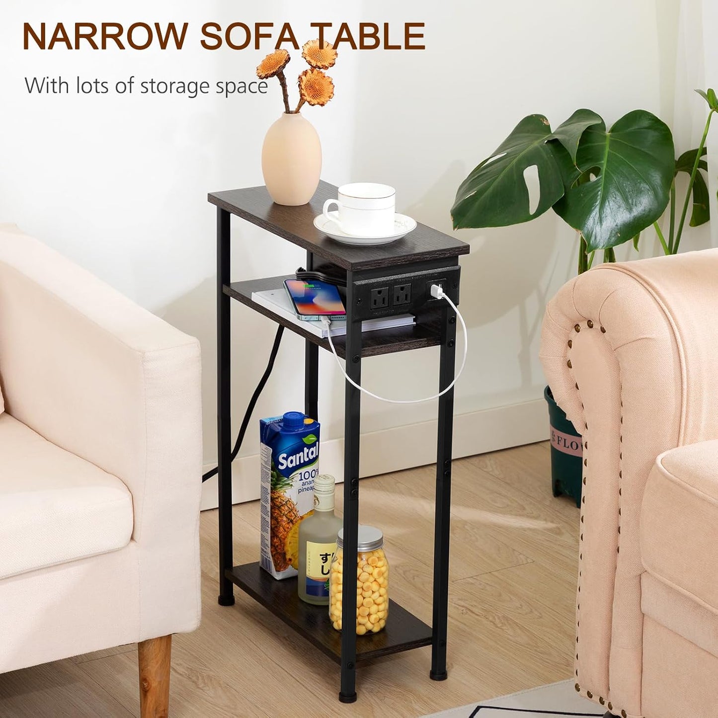 (New Open Box) AMHANCIBLE Narrow Side Table, Small End Tables for Small Spaces, 3 Tier Slim Night Stand Set 2 with Charging Station, Skinny Sofa Beside Table with Storage Shelf, Dark Grey HETN03DG