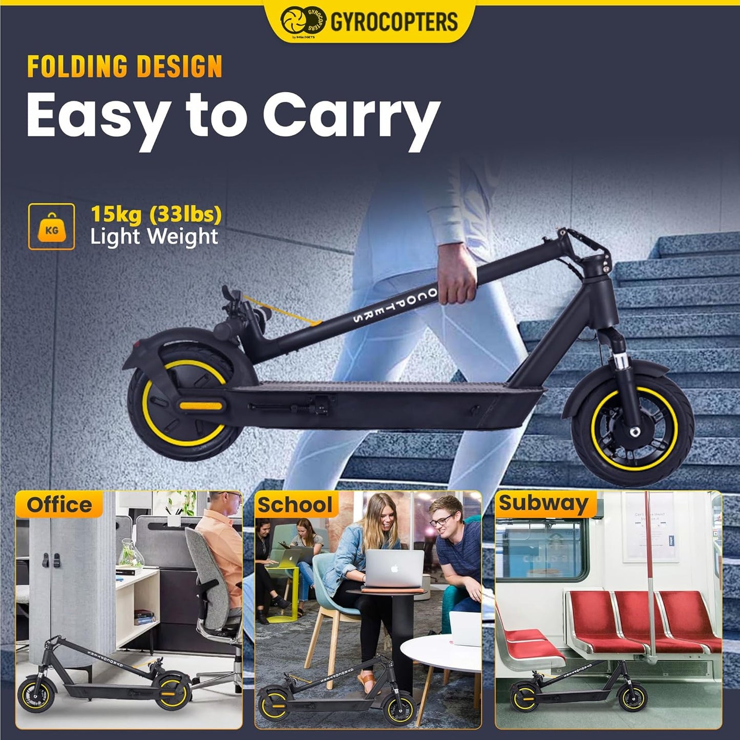 (Excellent) Gyrocopters Flash Pro Max Portable Electric Scooter for Adults Speed 30km/h Long Range up to 40 Kms with 500W Powerful Brushless Motor, Solid 10” Tires, Suspension | App-Enabled E Scooter