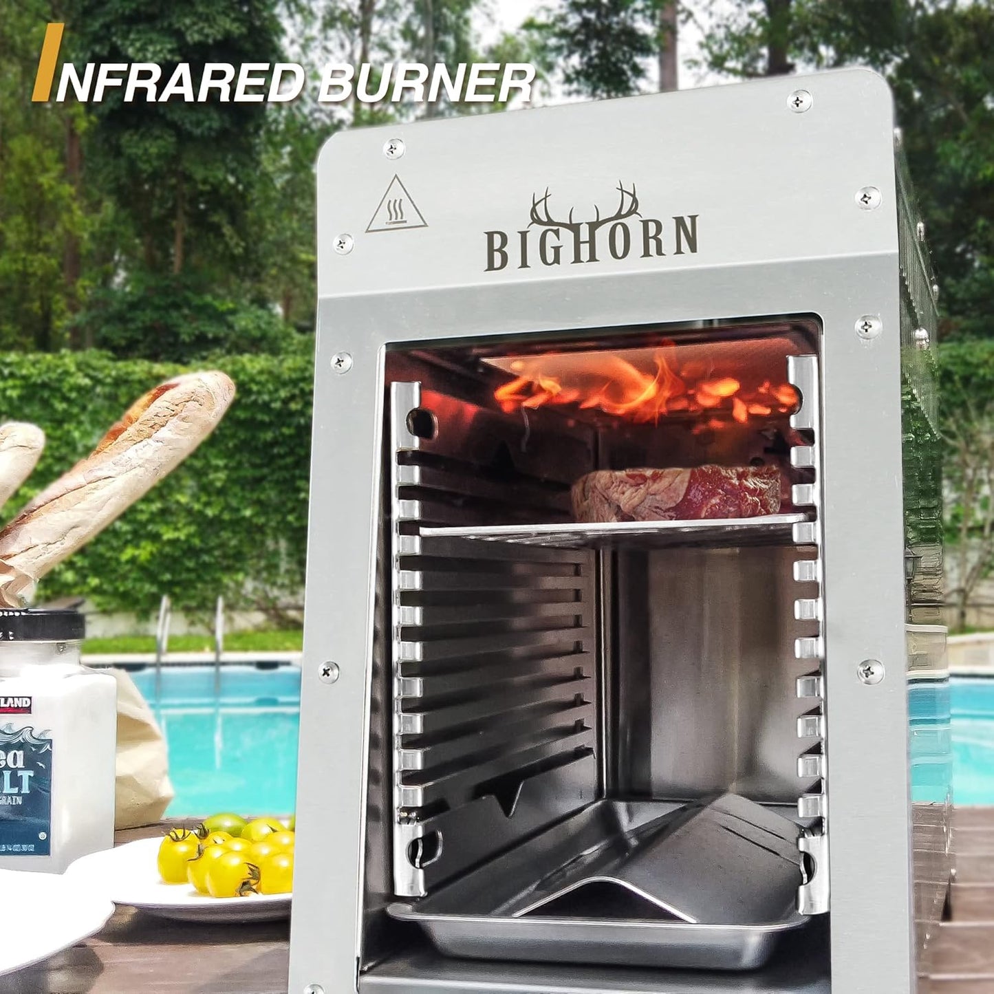 (New Open Box) BIG HORN OUTDOORS Portable Infrared Broiler Propane Gas Grill, 1500 Degree Stainless Steel Tabletop