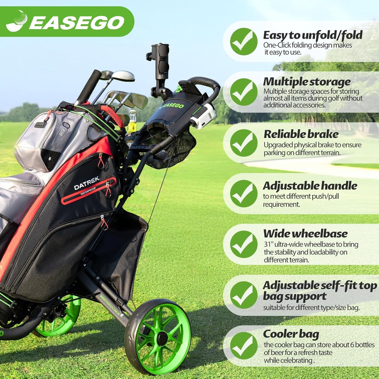 (New Open Box) EASEGO Golf Push Cart 3 Wheel : Golf Caddy Pull Cart, One Click Folding Golf Bag Cart Lightweight