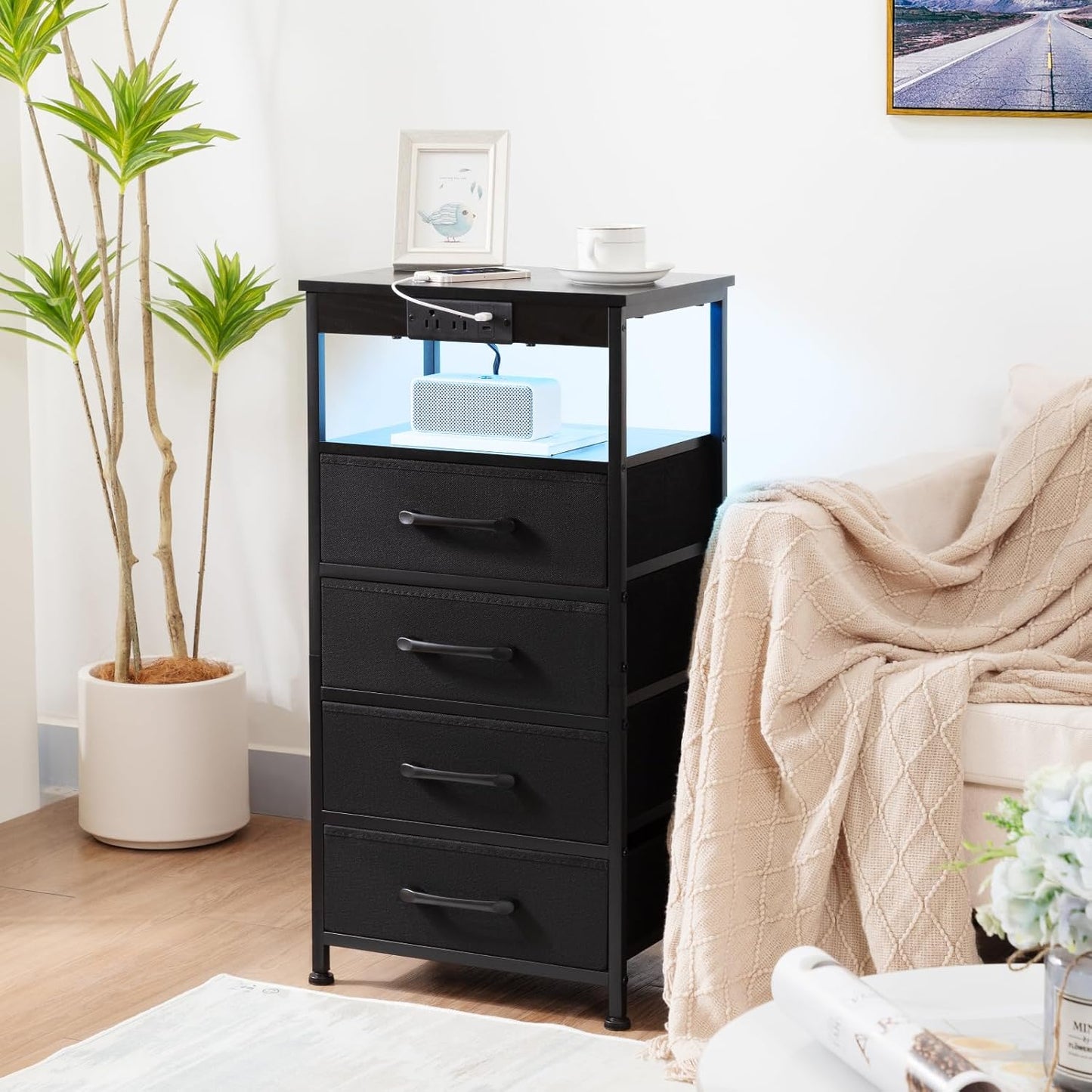 (New Open Box) AMHANCIBLE C Shaped End Table with Charging Station, TV Tray Set of 2 with Storage, Couch Tables That Slide Under, Sofa Table for Living Room, Bedroom BST004BK