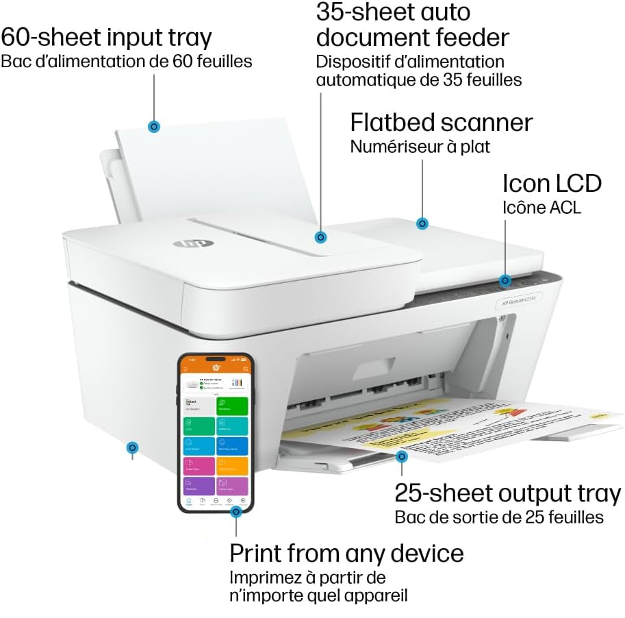 (Excellent) HP DeskJet 4255e Wireless All-in-One Colour Inkjet Printer, Scanner, Copier, Best for Home, (588S6A)