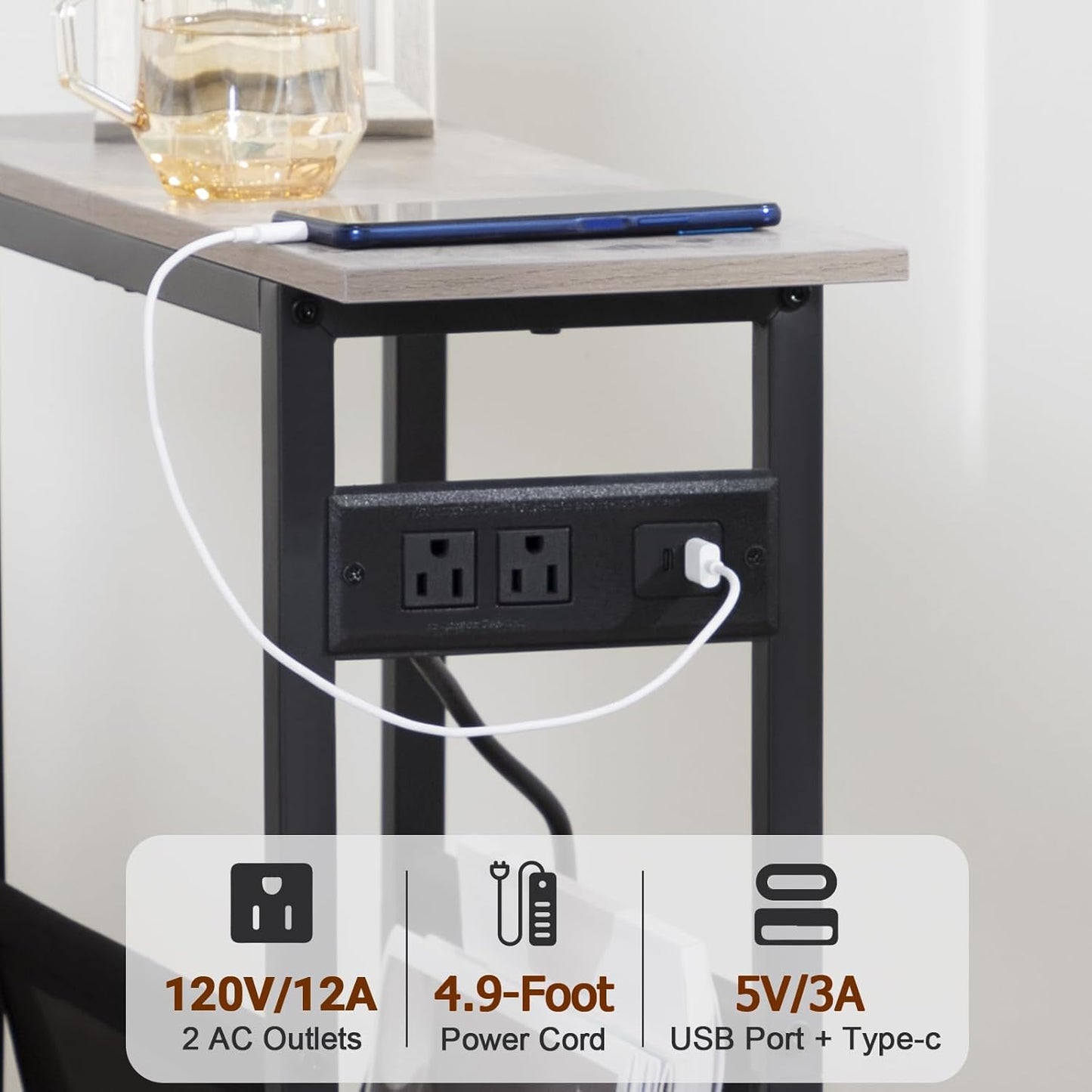 (New Open Box) Narrow Side Table Set of 2, Slim End Table with Charging Station with Magazine Holder HETN02PGY