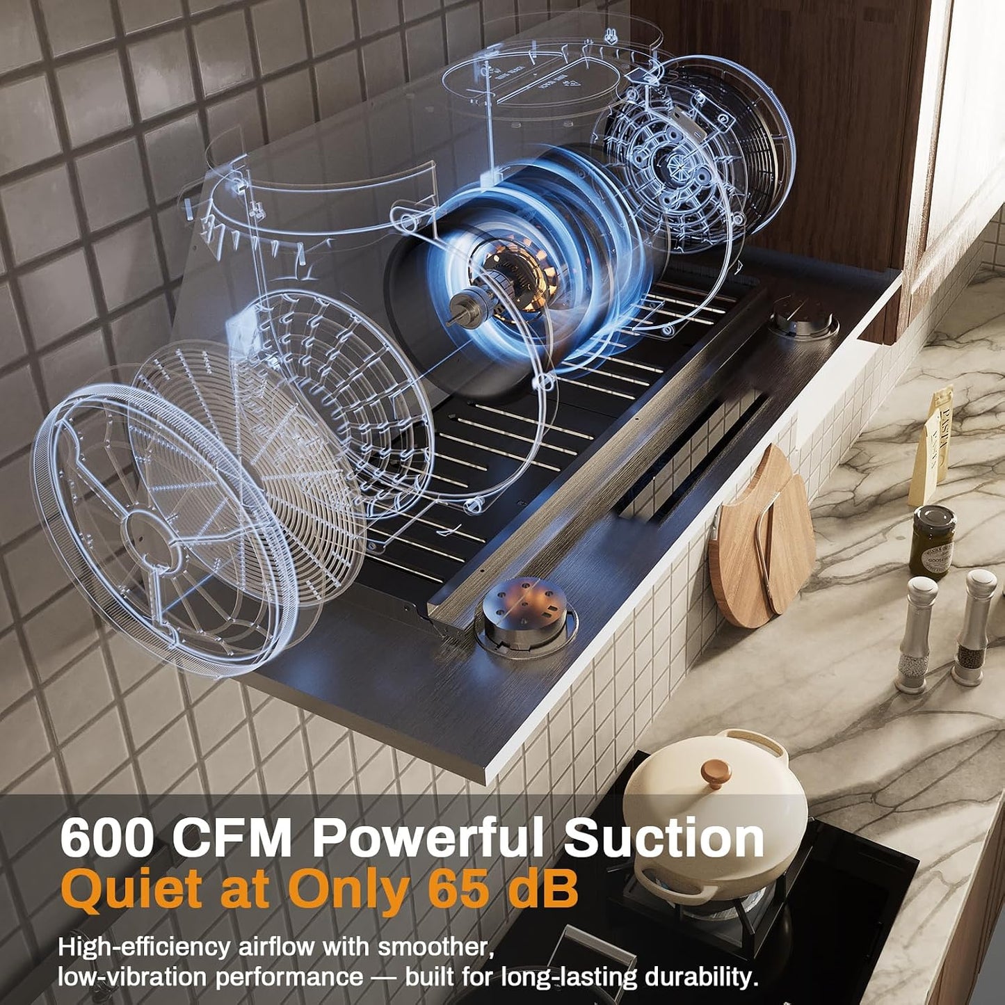 (New Open Box) Soonye 30" Insert Range Hood, 600 CFM, 3 Speed Gesture Sensor Touch Control, Remote, Silver, Under Cabinet Mount