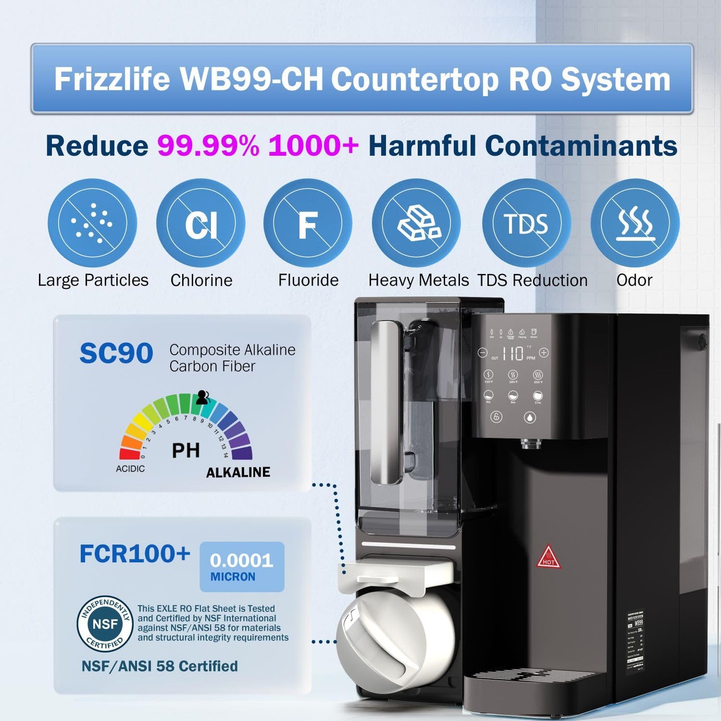 (New Open Box)  Frizzlife WB99CH Countertop Reverse Osmosis System | Instant Hot RO • Portable Pitcher •
