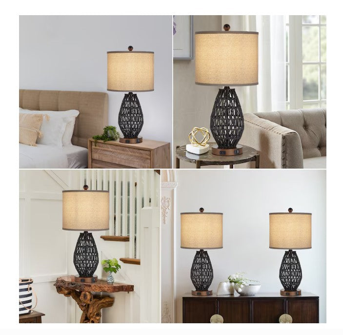 (New Open Box)  Rattan Table Lamp Set | 22.8" Black LED Touch Lamps  (TD-95)