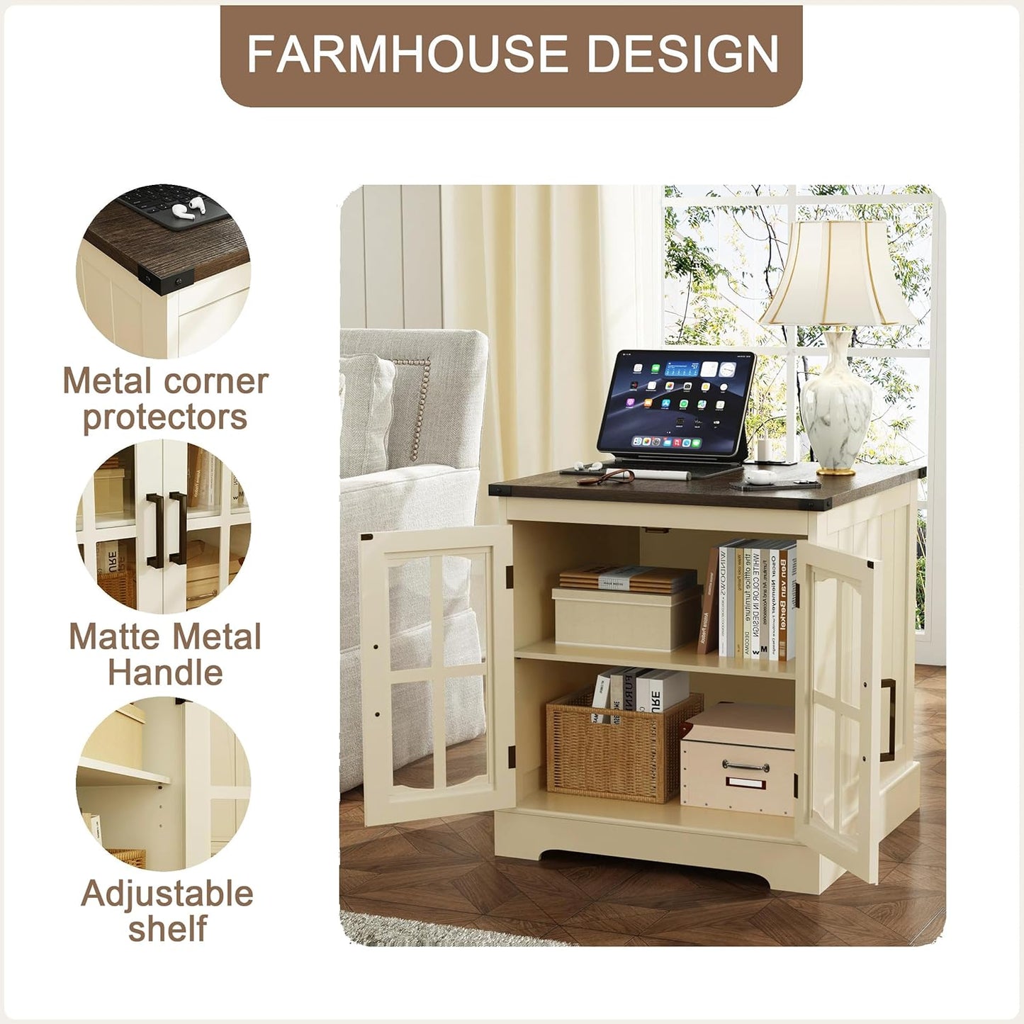 (New Open Box) ChooChoo Farmhouse End Table, 24" Large Sofa Side Table with Charging Station & LED Light, Nightstand with Adjustable Storage Shelf, Square Bedside Table for Living Room Beige (Cream Mix with White)