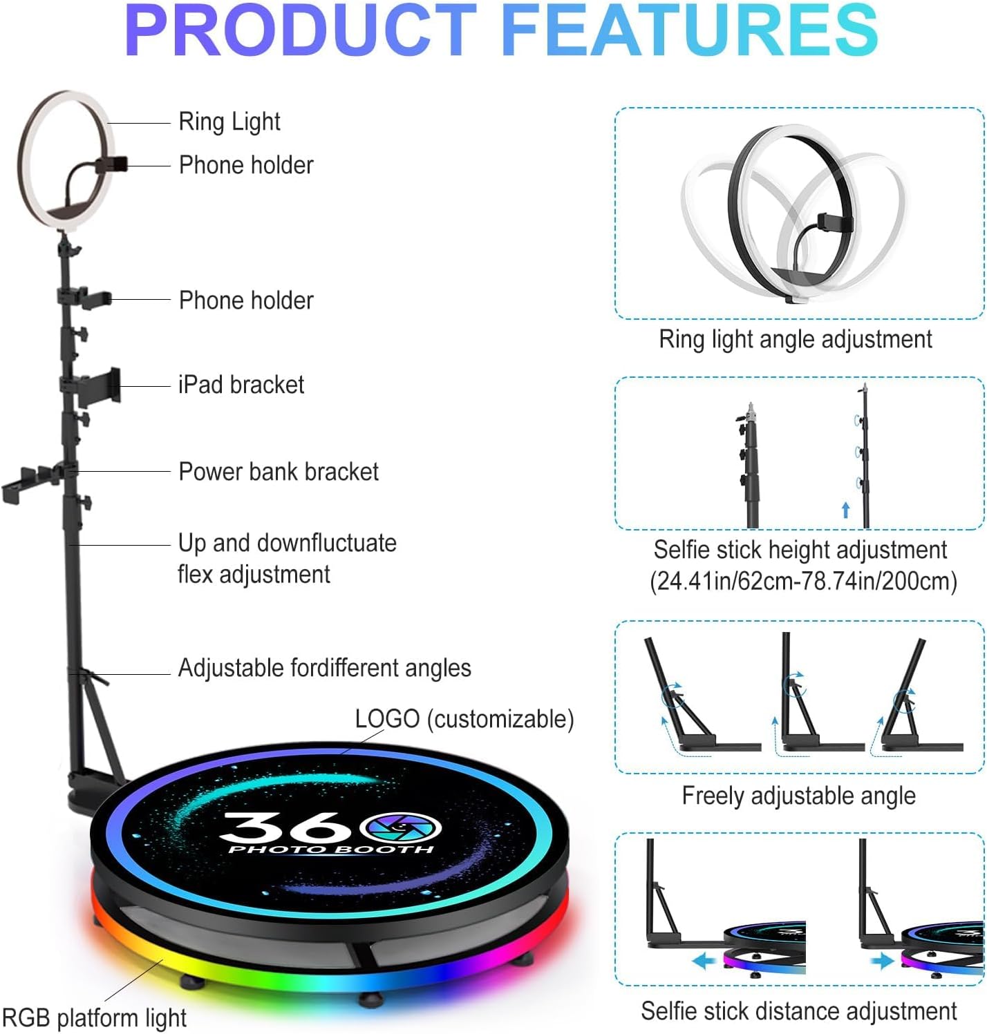 (Excellent) 360 Photo Booth Machine 23.6in PRO  • RGB Ring Light • Flight Case